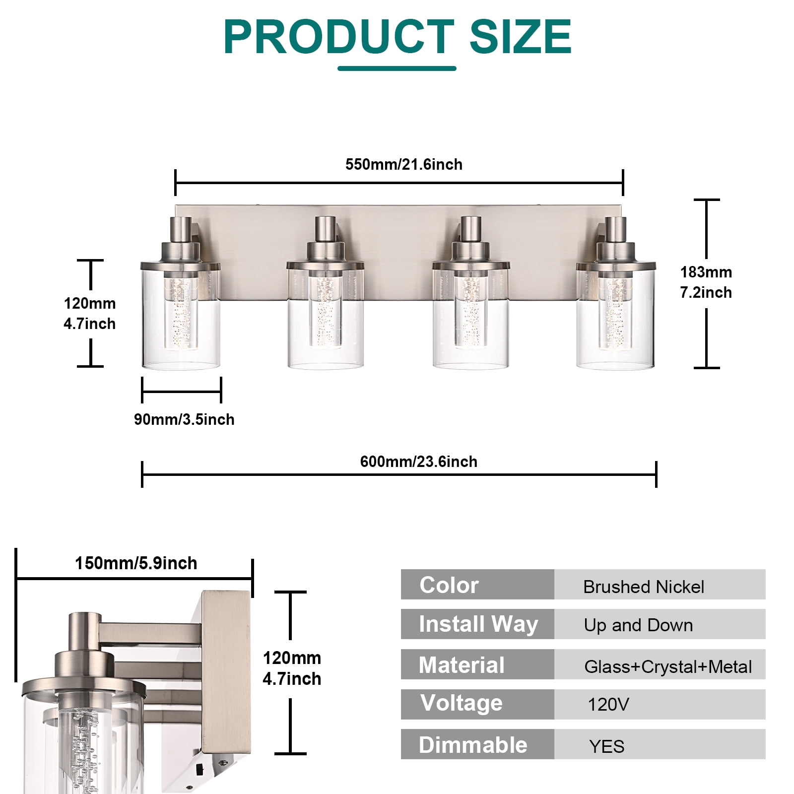 Melucee 5CCT Dimmable LED Brushed Nickel Vanity Lights 4-light, Modern Vanity Lighting Fixtures with Crystal Light Columns and Clear Glass for Bathroom Bedroom