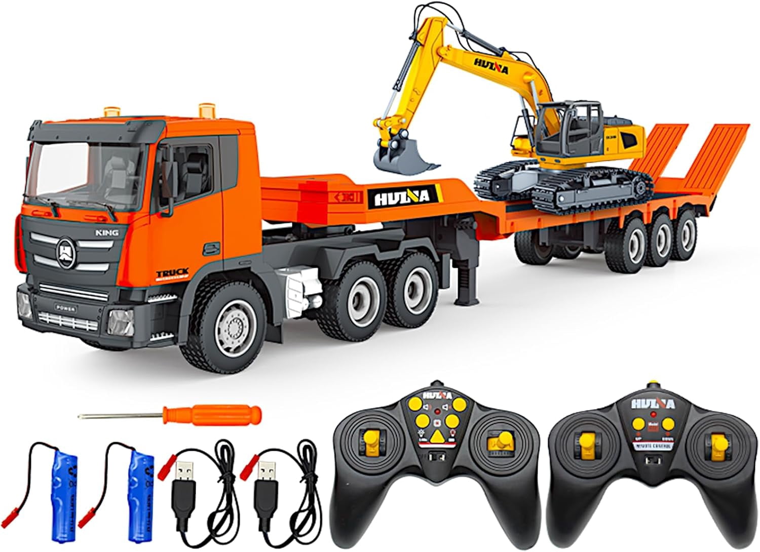 POCO DIVO 2-Set Alloy RC Truck Crawler Excavator 1/24, 9CH Semi-Trailer, 6CH Track Construction Engine Vehicle, Sound Lights Metal Visor Toy, 2.4G Radio Control Tractor Play, Kid Boy Gift
