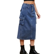 SWSMCLT Women's Long Jean Skirt Back High Slit Utility Multi Pockets Long Denim Skirt Tea Length Y2K Cargo Skirt Jean Adjustable Drawstring Casual A-Line Blue Medium