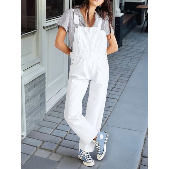 Womens Overalls Denim Bib Overalls Leg Adjustable Strap Jean Pants Jumpsuits with Pockets Trendy White M