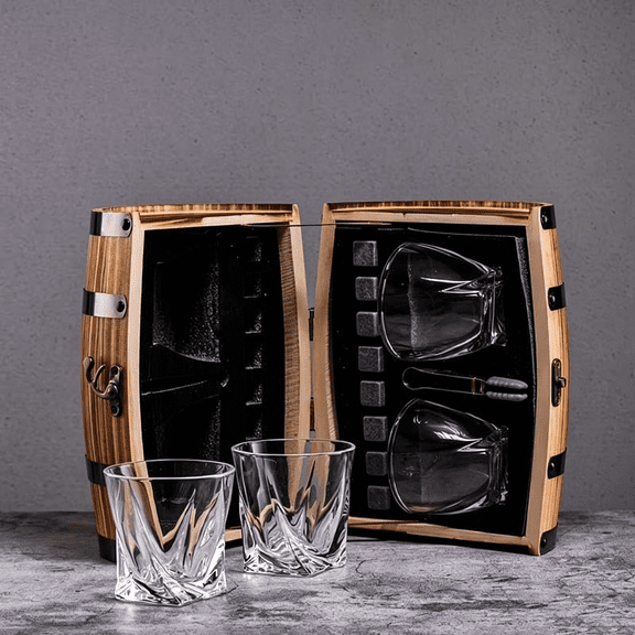 Whiskey Glass Gift Set with Rustic Wooden Barrel, 2 Glasses, 6 Granite Chilling Stones and Tongs, Ideal Gift for Scotch & Bourbon Lovers