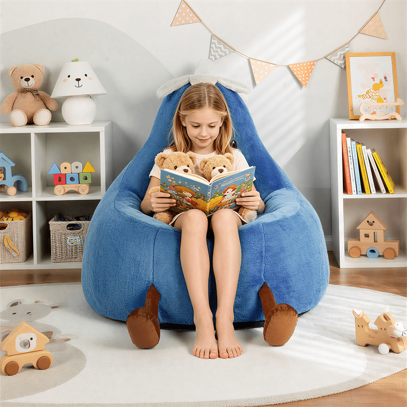Simple Deluxe 2 ft Kids Bean Bag Chair, Faux Rabbit Fur Round Sofa with Handle and Washable Cover, Dark Blue