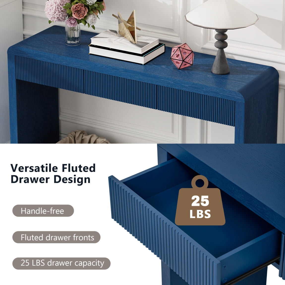53 Inch Fluted Table for Entryway, Farmhouse Console Table with 3 Drawers and Adjustable Foot, Solid Wood Couch Tables Behind Sofa for Hallway, Living Room, Foyer, Navy