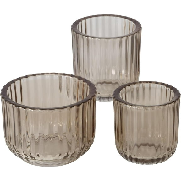 Modernist Home 3 Piece Chubby Tea Light and Votive Candle Holders, Set of 3, Smoke Grey Ribbed Glass, 2.75, 3.5, and 4.25 D Inches