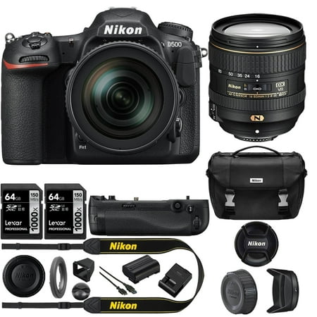 - Nikon D500 20.9 MP CMOS DX Format DSLR Camera + 16-80mm VR Lens Kit w/Power Bundle Includes, Nikon Multi Battery Power Pack + 2x Lexar 64GB SDHC/SDXC Class 10 Memory Card Up + Deluxe DSLR Camera Case