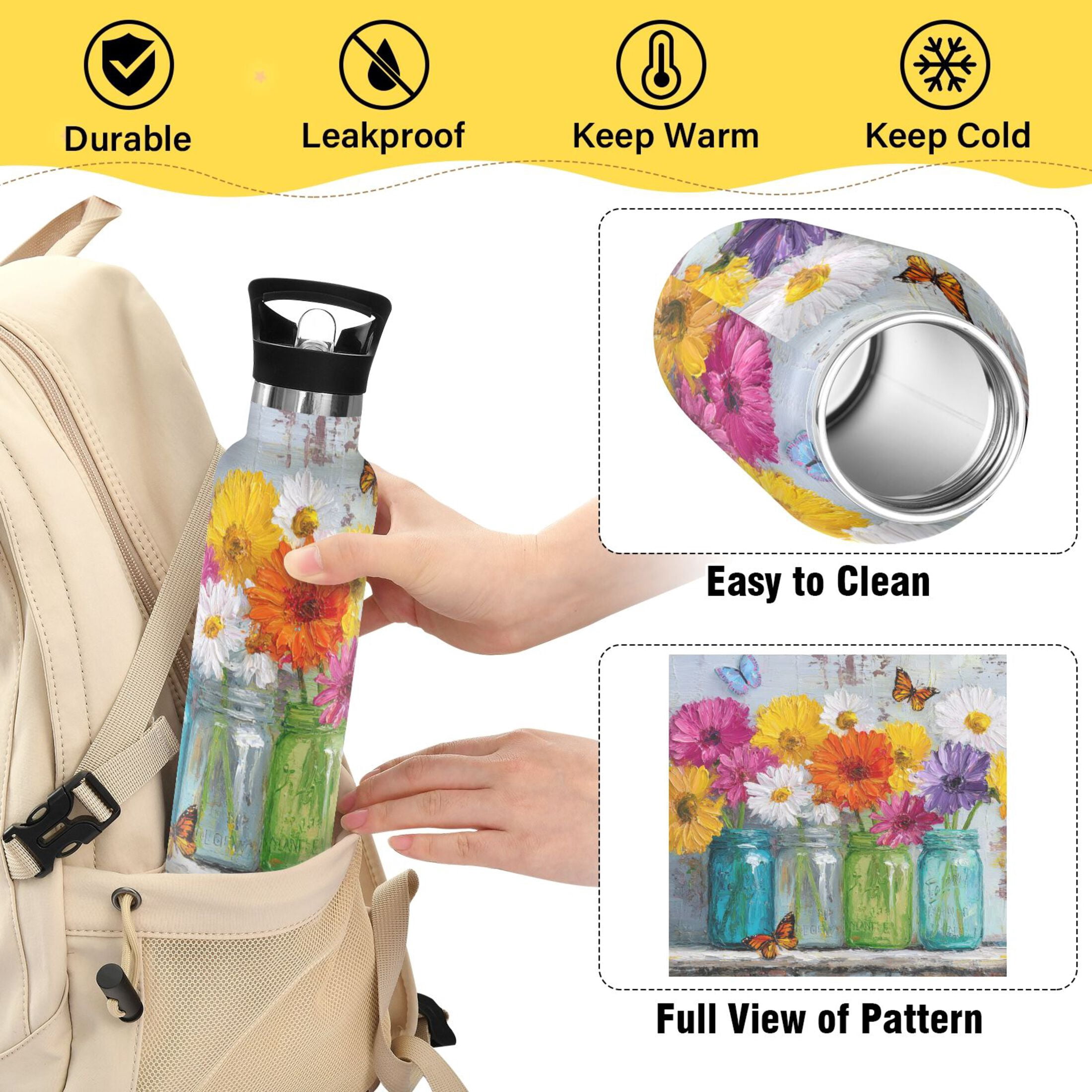 Kids Insulated Stainless Steel Sports Water Bottle 600ml (20oz) Colorful Daisies and Butterflies