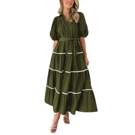 PRETTYGARDEN Women's Summer Button Down Shirt Dress Short Puffy Sleeve Tiered Ruffle Flowy Long Maxi Dresses