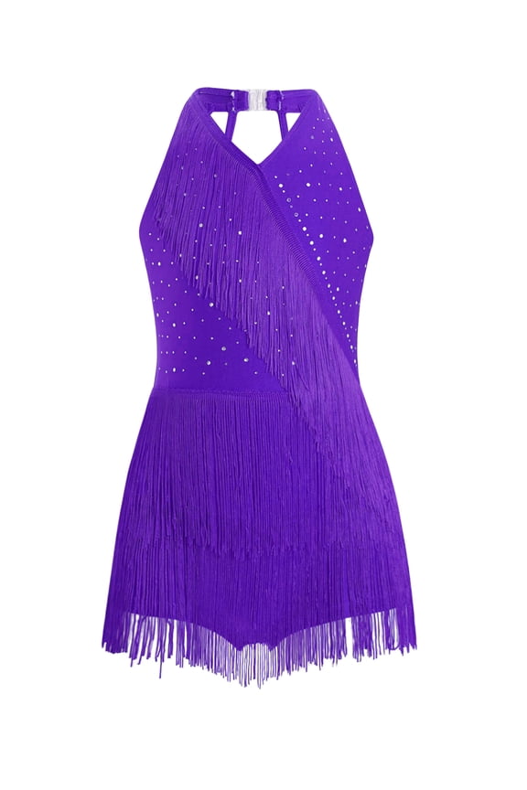 Kids Girls Latin Jazz Dance Dress Tango Rumba Samba Dance Performance Outfit Fringe Skirt Purple 16