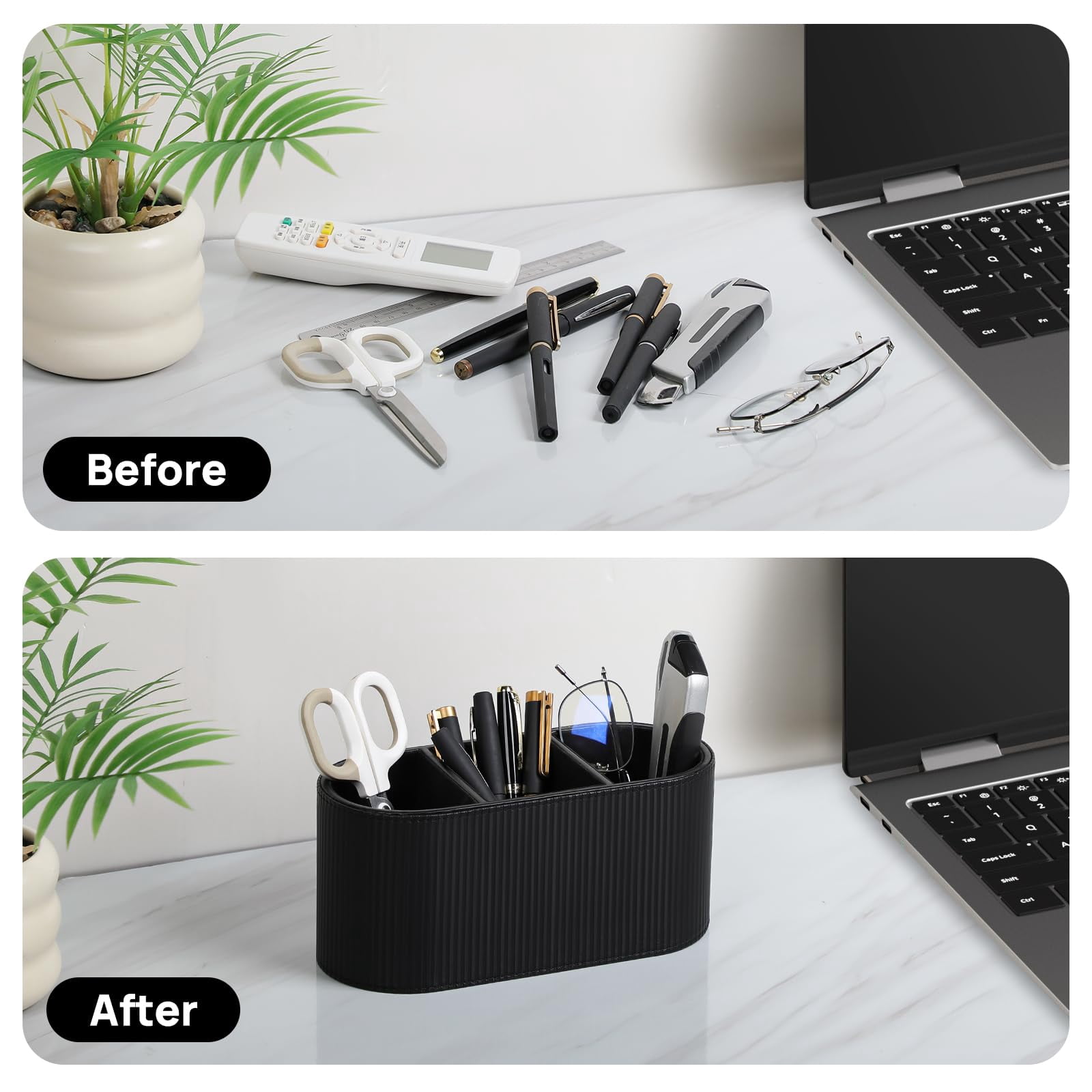 Black PU Leather Desktop Organizer with 3 Compartments for Home Office Supplies and Remote Controls