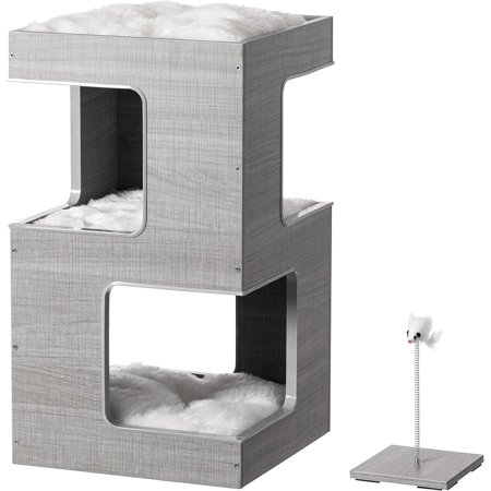 Multi Level Modern Cat Tall Climbing Tree House for Indoor Cats | Spacious Wood Tower Luxury Furniture Stand with Removable Soft Blanket and Condo for Kittens Play and Rest