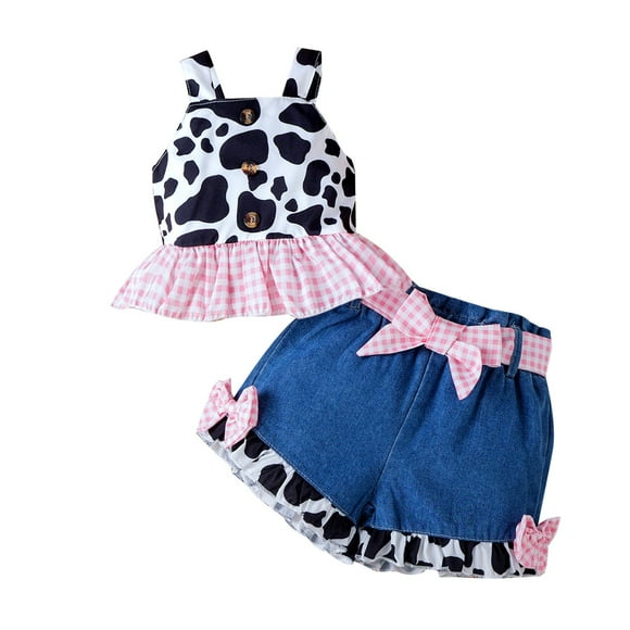 yocbz Baby Girls Summer Outfits Set Toddler Girl Denim Western Outfit Baby Clothes Ruffle Cow Print Shirt Button Down Tops Belted Jeans Shorts Pink,12-18 Months
