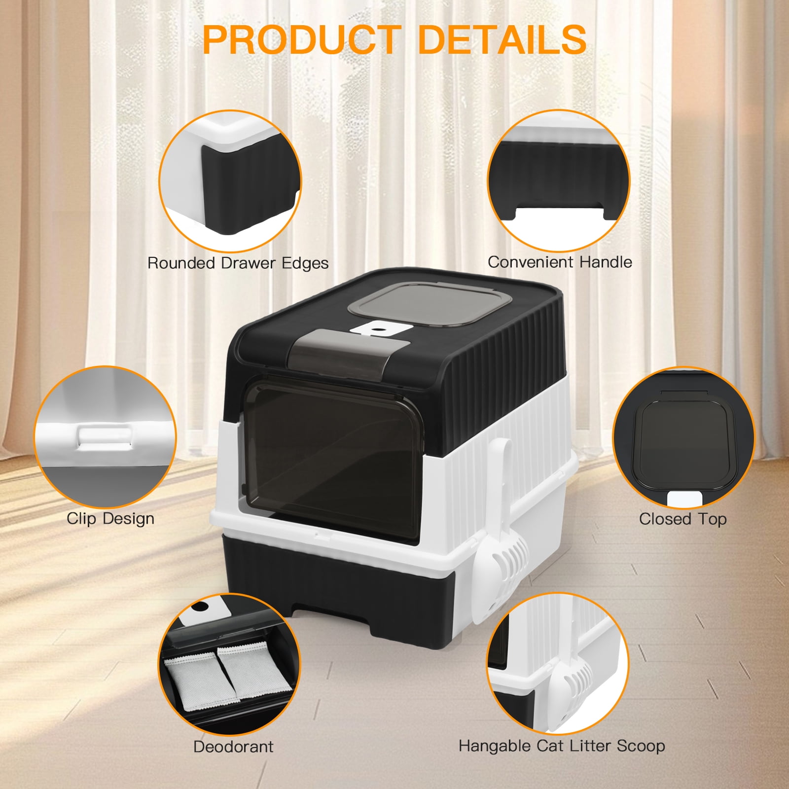 PHANCIR Enclosed Cat Litter Box, Foldable Lightweight with Litter Scoop, Easy to Clean, Black