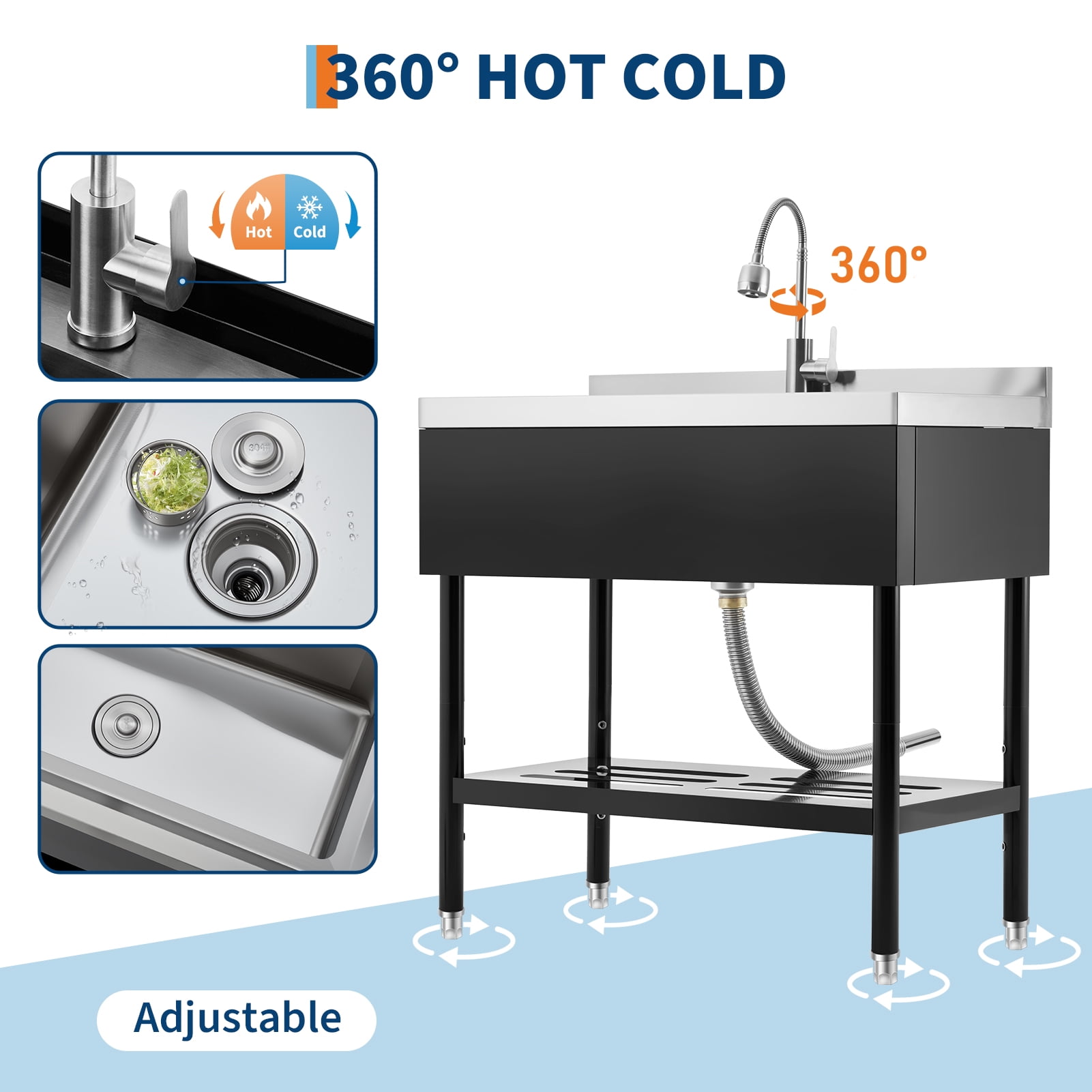 Accreate Freestanding Stainless Steel Utility basin with Faucet – 304 Single Bowl, Adjustable Legs, Storage Shelf, S-Hooks, Hot & Cold Water Pipes – Commercial Prep Kitchen/Laundry/Garage basin