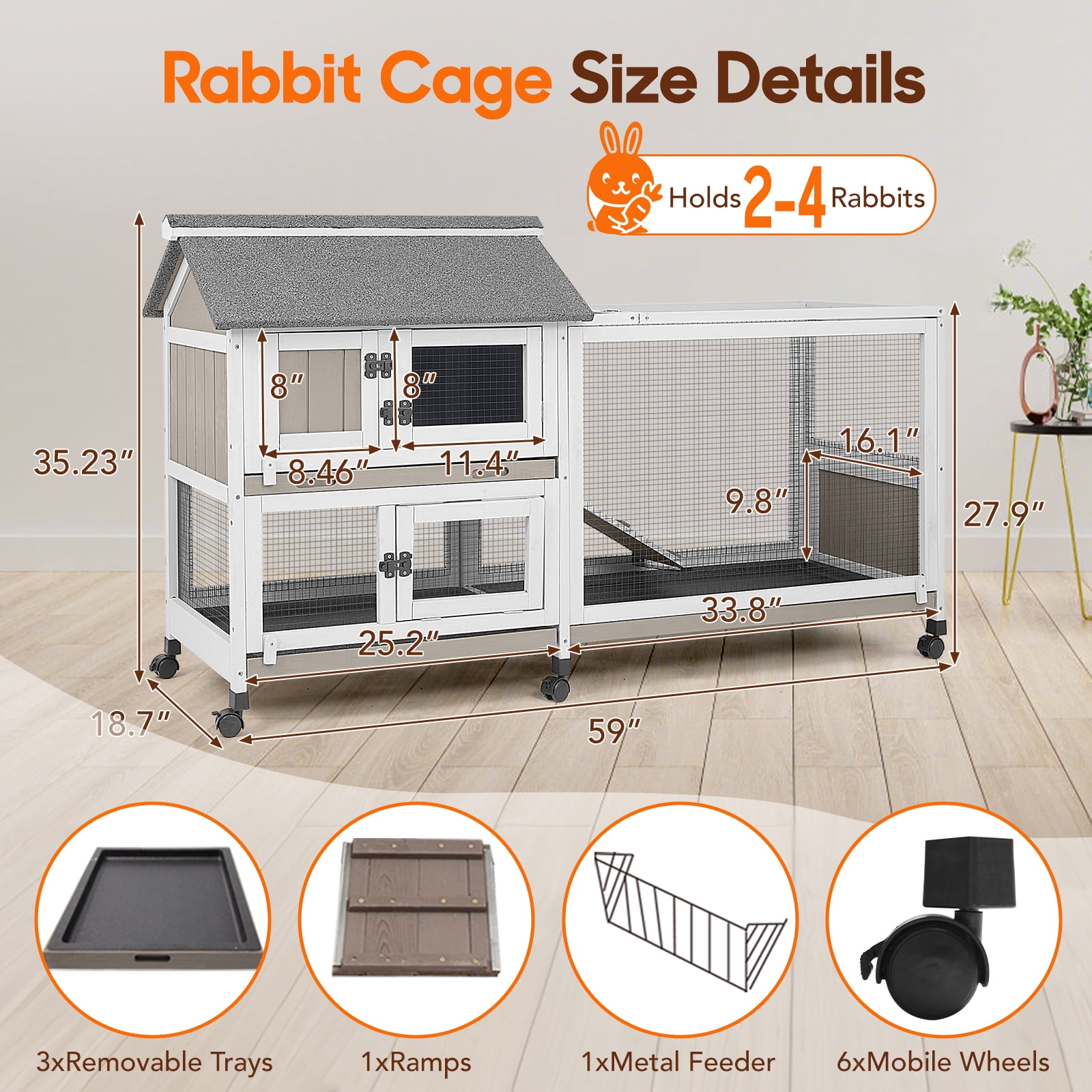 59" Large Rabbit Hutch Outdoor Wooden Bunny Cage with 3 Deep Trays, 5 Access Doors & Openable Roof, Expandable Guinea Pig Cage, Waterproof