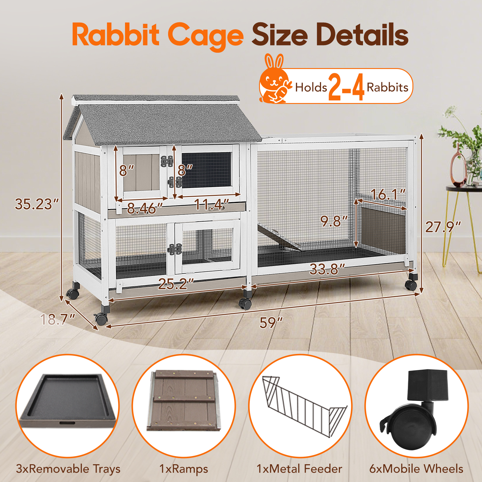 PETSCOSSET 2-Story Rabbit Hutch with Wheels and Trays photo 3