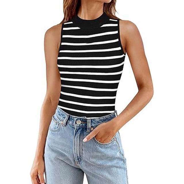 HBFAGFB Débardeurs Femmes Mode Polyvalent Col Rond Sans Manches Côtelé Ajusté Rayé Veste Noir Taille P
