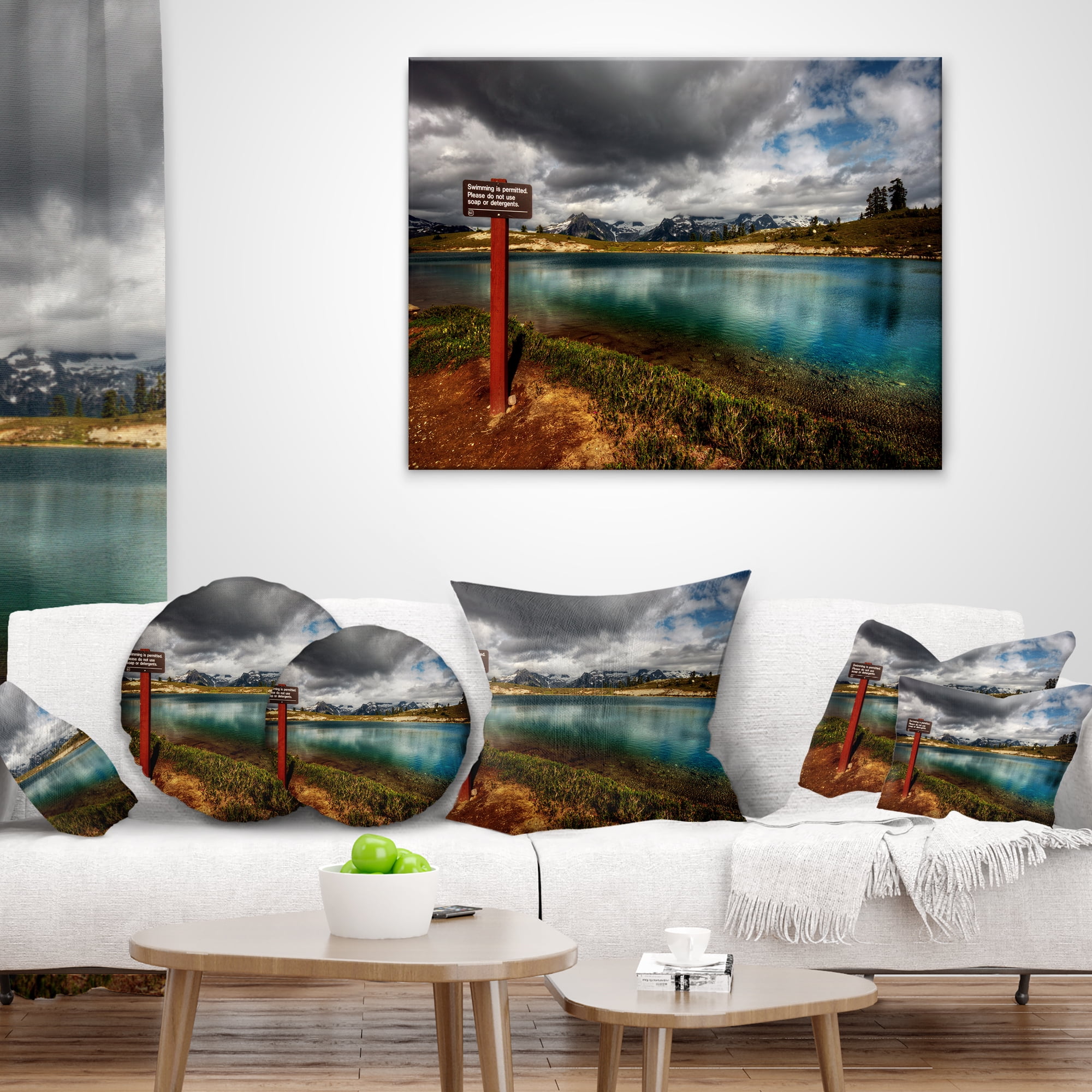 Designart Azure Mountain Lake with Clouds - Landscape Printed Throw Pillow - 16x16