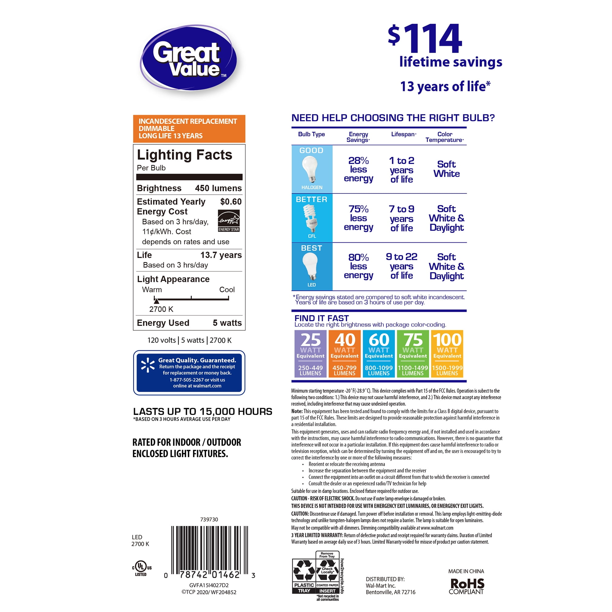 Great Value LED Light Bulb, 5 Watts (40W Eqv.) A15 Ceiling Fan Frosted Lamp E17 Base, Dimmable, 2-Pack, Soft White