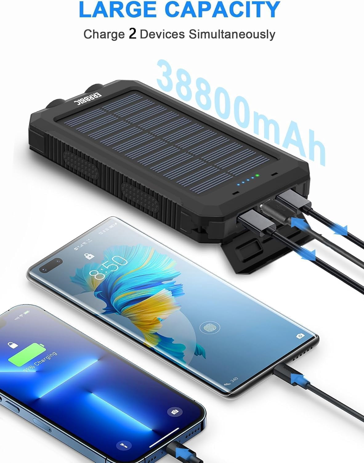 CATGOOD Solar Power Bank 30000mah, Portable Charger, Waterproof Battery Backup Charger, Solar Panel Charger with Dual LED Flashlights, Suitable for Outdoor Camping Travel(Black)