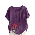 thumbnail image 2 of Aqestyerly Haut à Manches Courtes en Solde, T-Shirt Décontracté en Lin à Col Rond Imprimé pour Femmes, Blouse à Boutons pour Looks Polyvalents/violet(L), 2 of 4