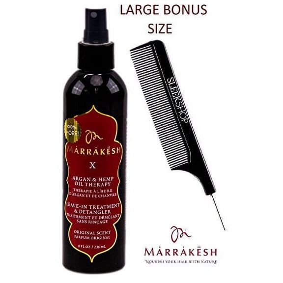 Marrakesh X Leave-In Treatment & Detangler (ORIGINAL SCENT) with Argan & Hemp Oil Therapy Spray Conditioner by Earthly Body (with Sleek Steel Pin Tail Comb) (Original - 8 oz/LARGE BONUS)