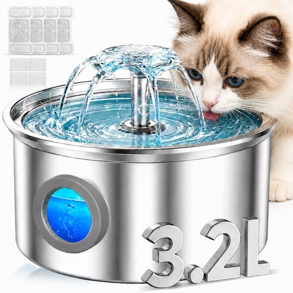 Cat Water Fountain Stainless Steel, YUWENUS 108oz/3.2L Pet Fountain with Water Level Window Automatic Water Dispenser with 4 Replacement Filters for Cats, Dogs