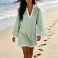 thumbnail image 6 of ZToonmas Women's Striped V-Neck Mini Dress Long Bell Sleeve Ric Rac Trim Casual Loose Fit Shift Dress, 6 of 8