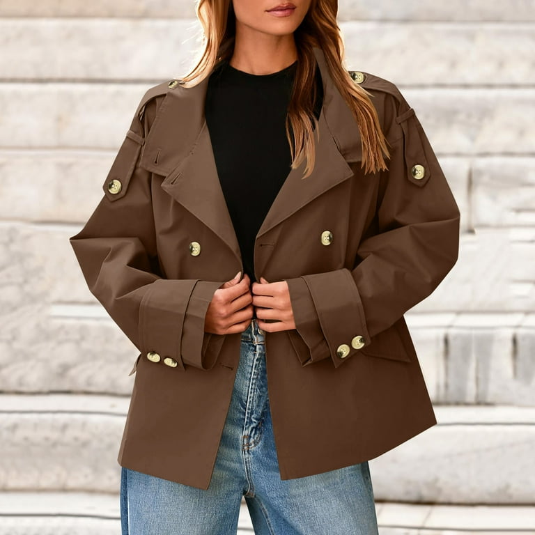 Jackets for Women Trendy Short Trench Coat Double Breasted Stand