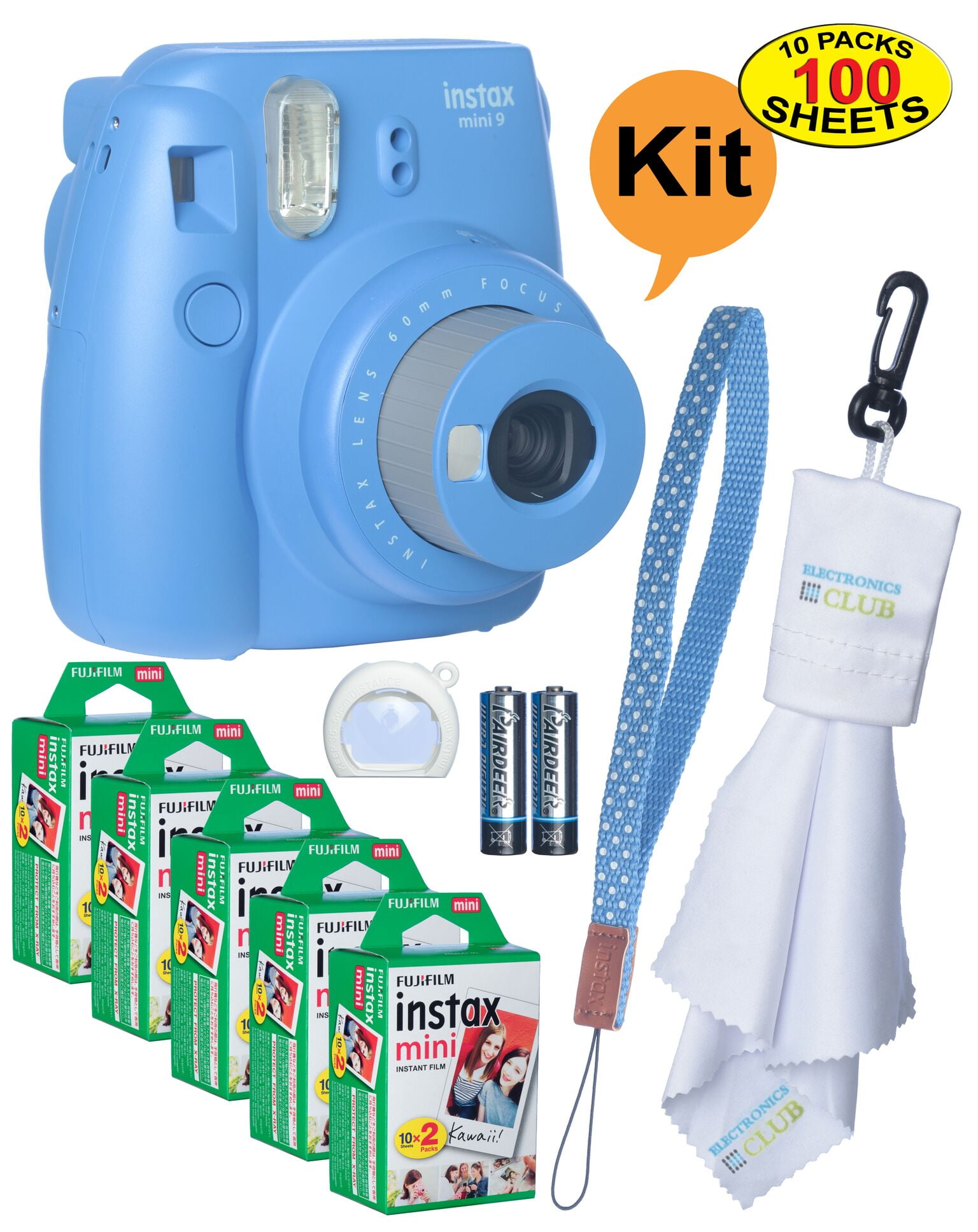Fujifilm Instax Mini 9 Instant Film Camera + 100 Sheets of Instant Film + Lens Cleaning Cloth + Close-Up Selfie Lens Wrist Strap | Batteries Included - - Walmart.com