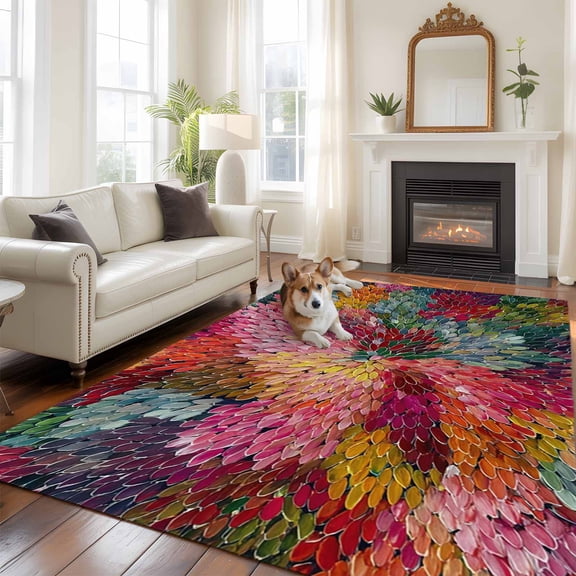 Colorful Dahlia Large Area Rugs 8x10 ft Modern Abstract Red Orange Flower Oil Painting Style Washable Rug Non Slip Indoor Carpet Absorbent Floor Mat for Living Room Bedroom Dining Room