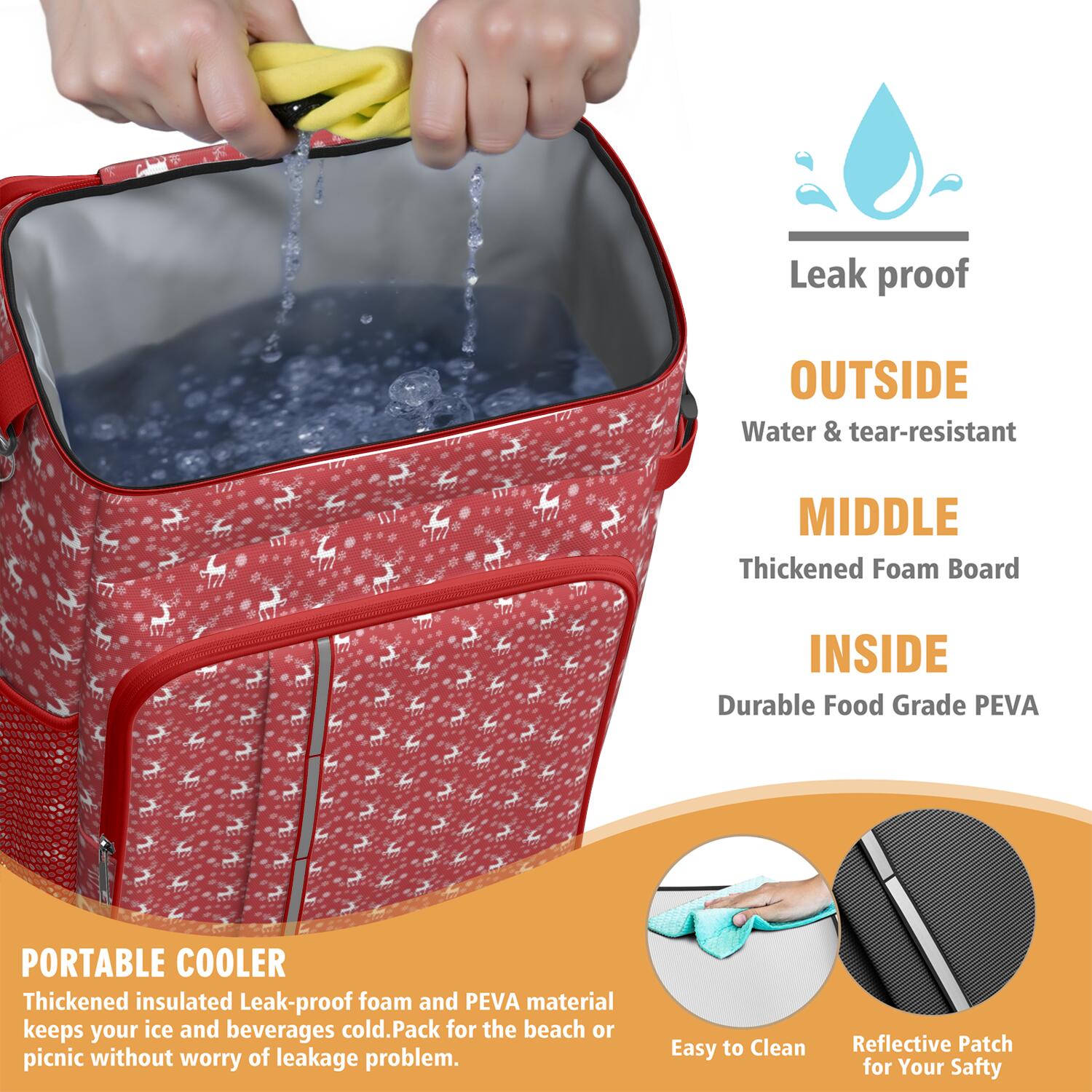 Travel Cooler Bag - Red Christmas Deer and Snowflake Pattern Camping Beer Cooler Backpack with Bottle Opener- Waterproof Insulated Picnic Backpacks - Cooler Bag for Beach