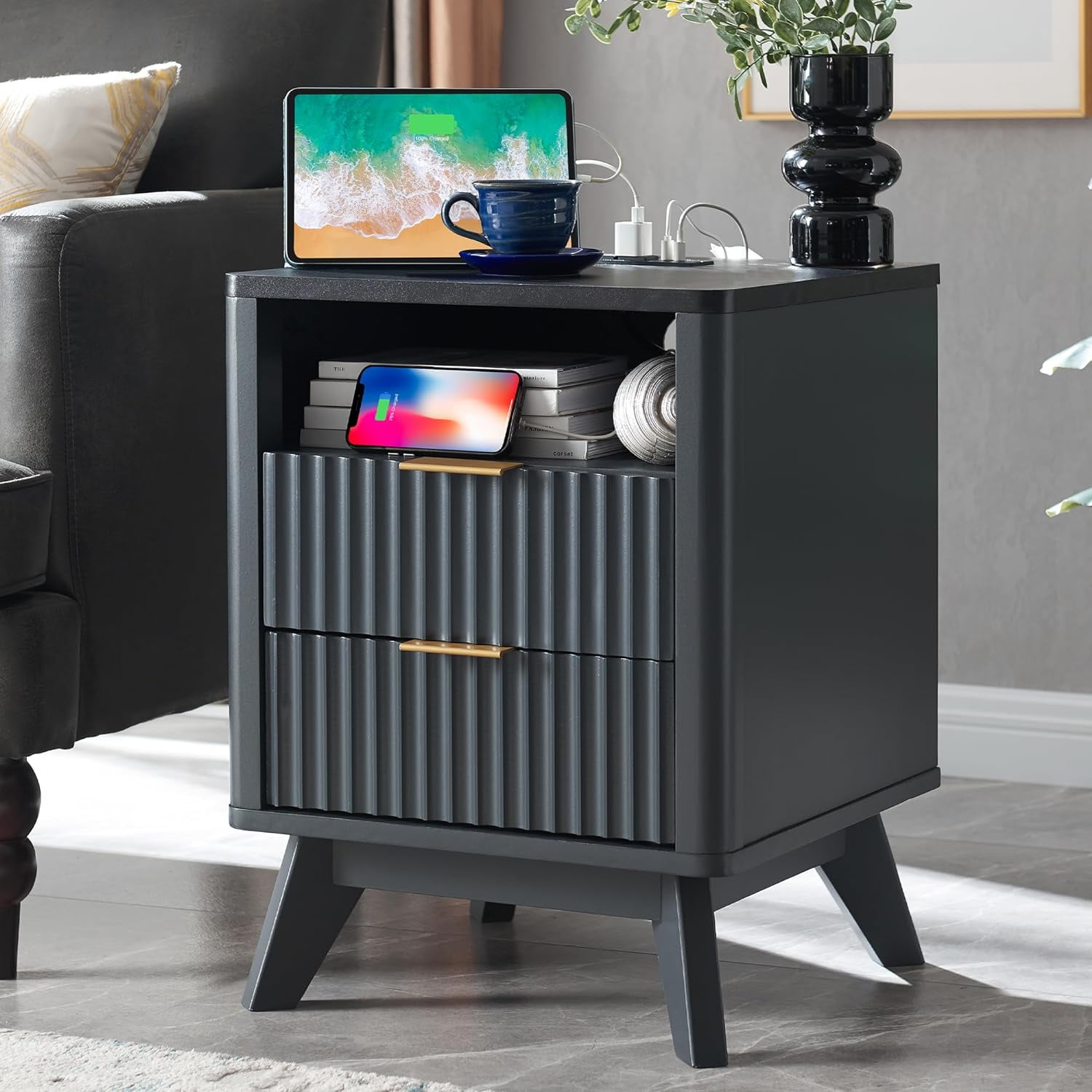 OKD Fluted Nightstand Set of 2 with Charging Station, Modern Side Table with Faux Marble Top, 2 Drawers End Table w/Storage, Bedside Table for Bedroom, Living Room, Dark Grey