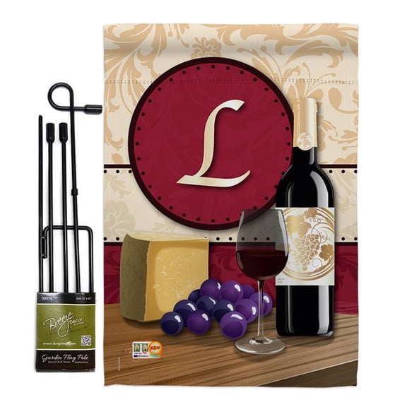 Breeze Decor BD-WI-GS-130220-IP-BO-D-US14-BD 13 x 18.5 in. Wine L Initial Happy Hour & Drinks Impressions Decorative Vertical Double Sided Garden Flag Set with Banner Pole
