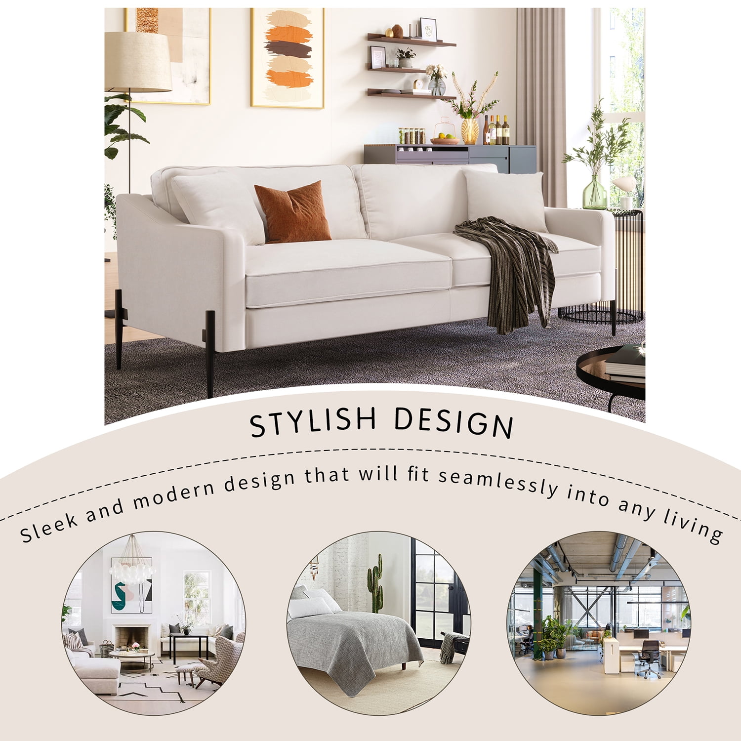 Kadyn Upholstered Modern Loveseat, 81" Sofa Couch with Metal Legs, Durable with 2 Pillows, 2-3 People Seat Capacity, Beige
