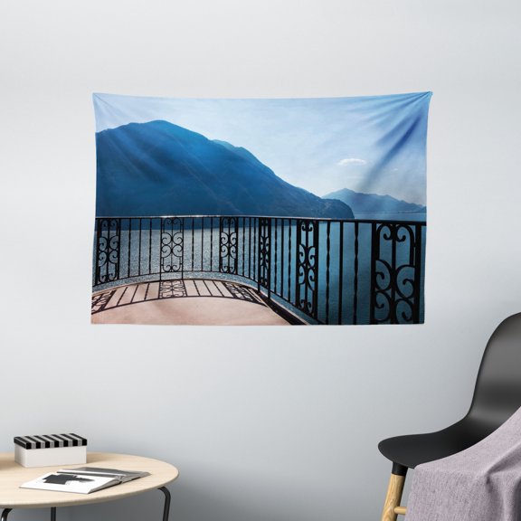 Modern Decor Tapestry, Mediterranean Italian Decor Island Mountain View with Ocean Open Sunny Sky Photo, Wall Hanging for Bedroom Living Room Dorm Decor, 60W X 40L Inches, Blue, by Ambesonne