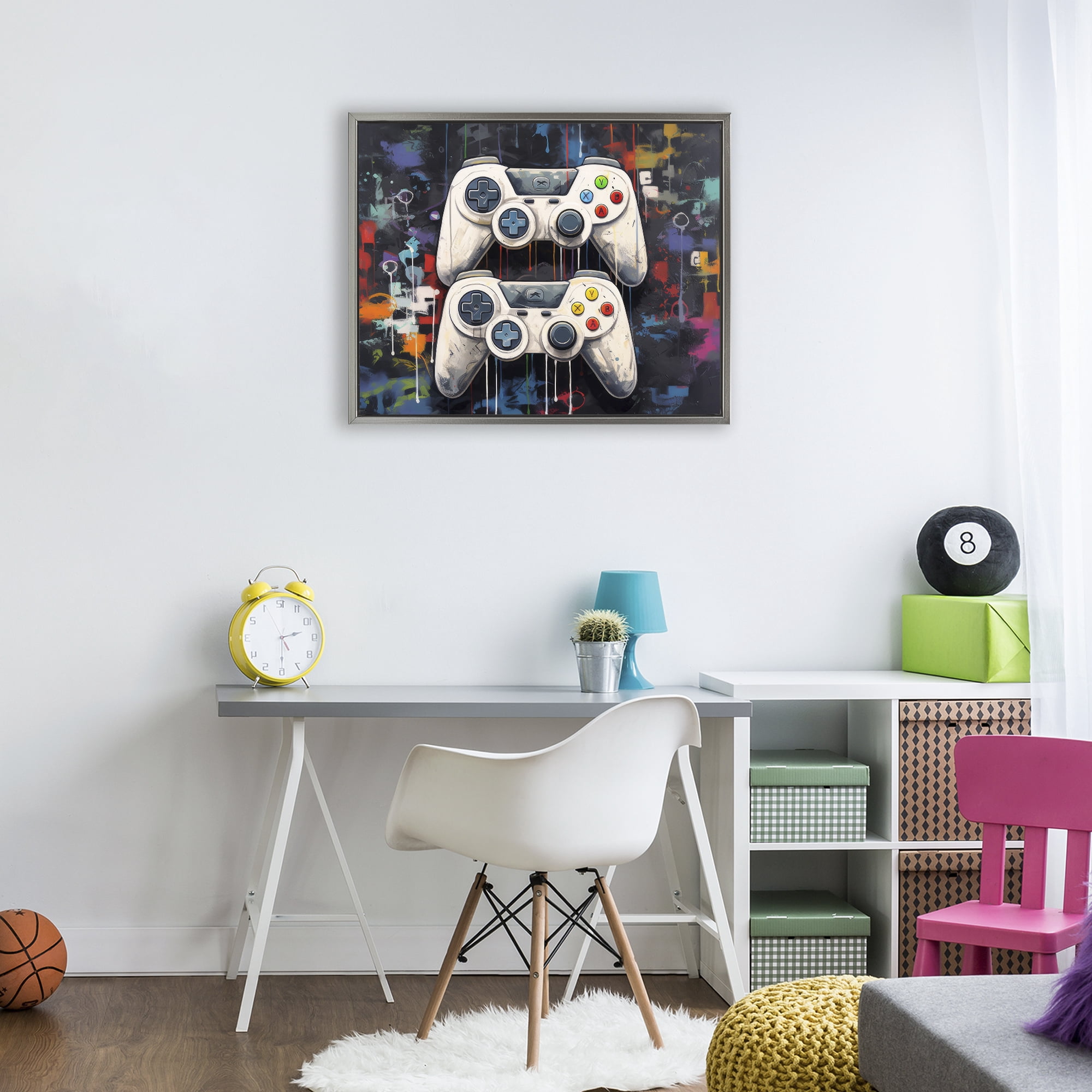 Stupell Industries Joystick Journeys with Paint Splatter Gray Framed Floater Canvas Wall Art, design by Lazar Studio