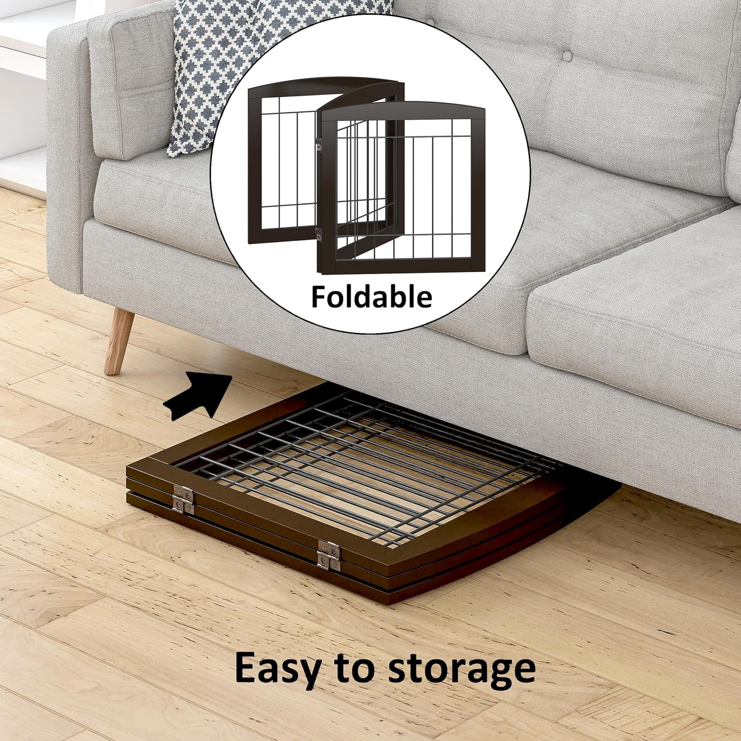 Free Standing Dog Gates for The House Stairs Doorways Indoor Foldable Wooden Small White Puppy Pet Gate Step Over Fence 60" W 24" H 3 Panels Espresso