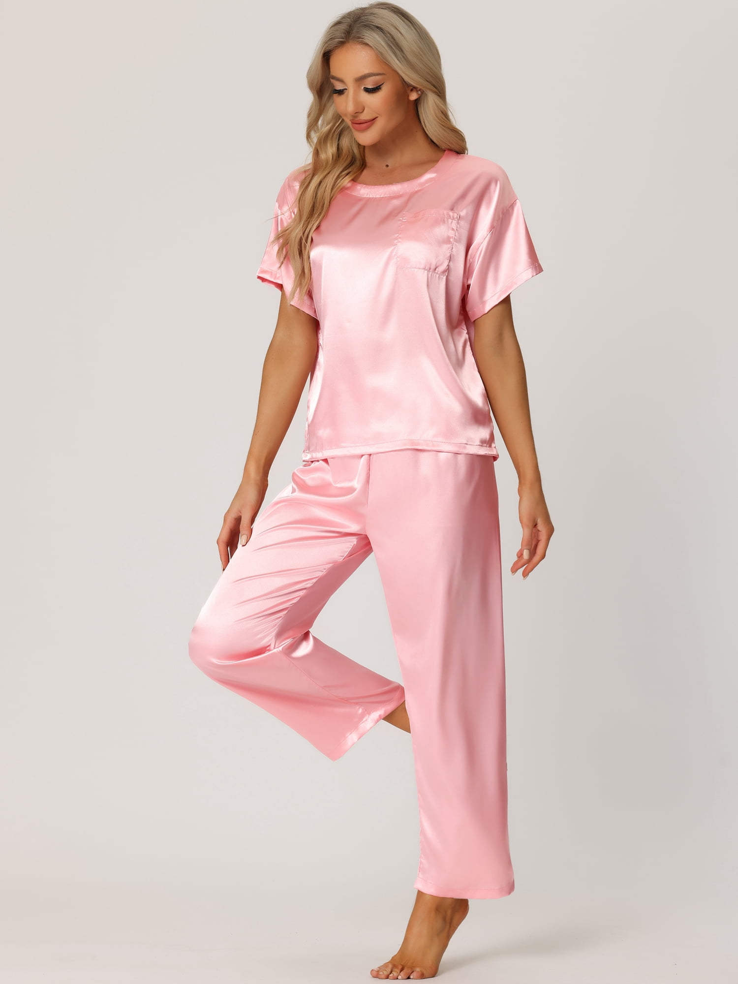 DARING DIVA Women's Satin Pajamas Sleepwear Summer Outfits Short Sleeves Tops S Pink