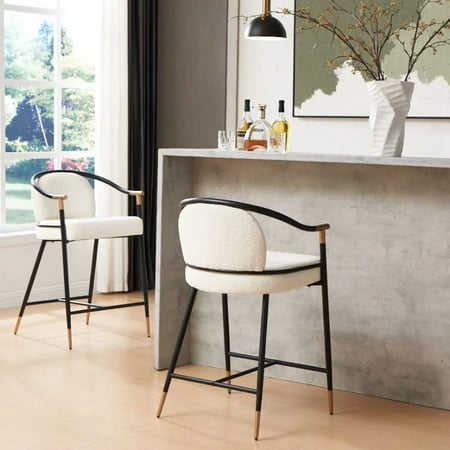 Contemporary Upholstered Counter Stools with Gold Trim and Iron Frame, Beige and Black, Set of 2