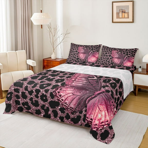 Manfei Gradient Pink Butterfly 3pcs Twin Sheet Sets for Teens Children Female,Leopard Print Twin Fitted Sheet,Bling Glitter Breathable Flat Sheet,Luxury Bedroom Decor