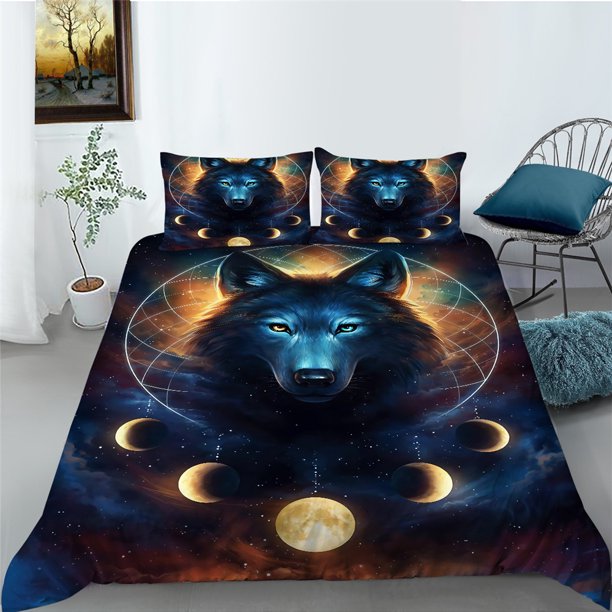 Arightex 2/3Pcs 3D Moon Wolf Bedding Duvet Cover Sets, 3D Animal Galaxy