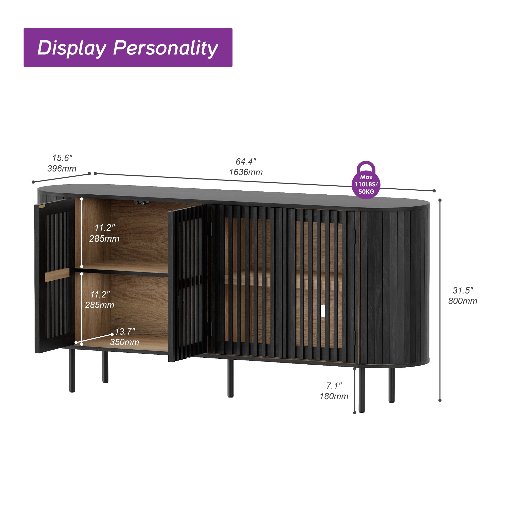 WAMPAT Modern Sideboard Buffet Cabinet with Storage, Wooden Accent Storage Cabinet with 4 Fluted Doors, Credenza with Curved Design for Dining Room, Living Room, Kitchen, Black