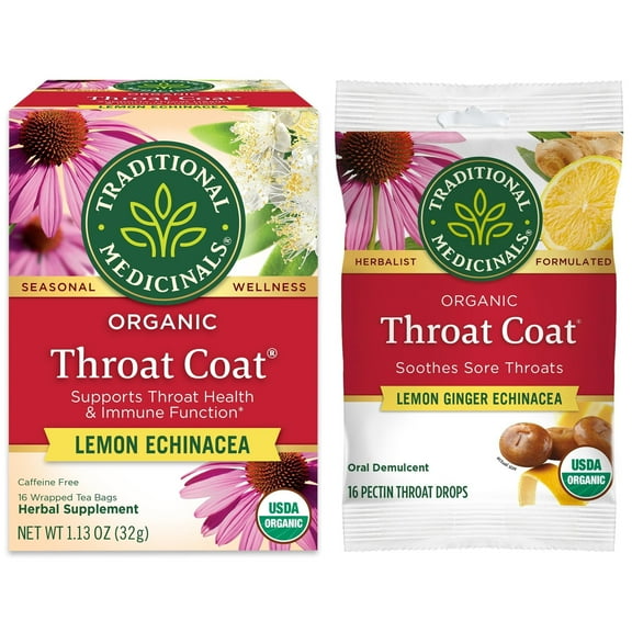 Traditional Medicinals Bundle: Organic Throat Coat Lemon Echinacea, Tea Bags, 16 Count and Organic Throat Coat Drops- Lemon Ginger Echinacea 16 Ct