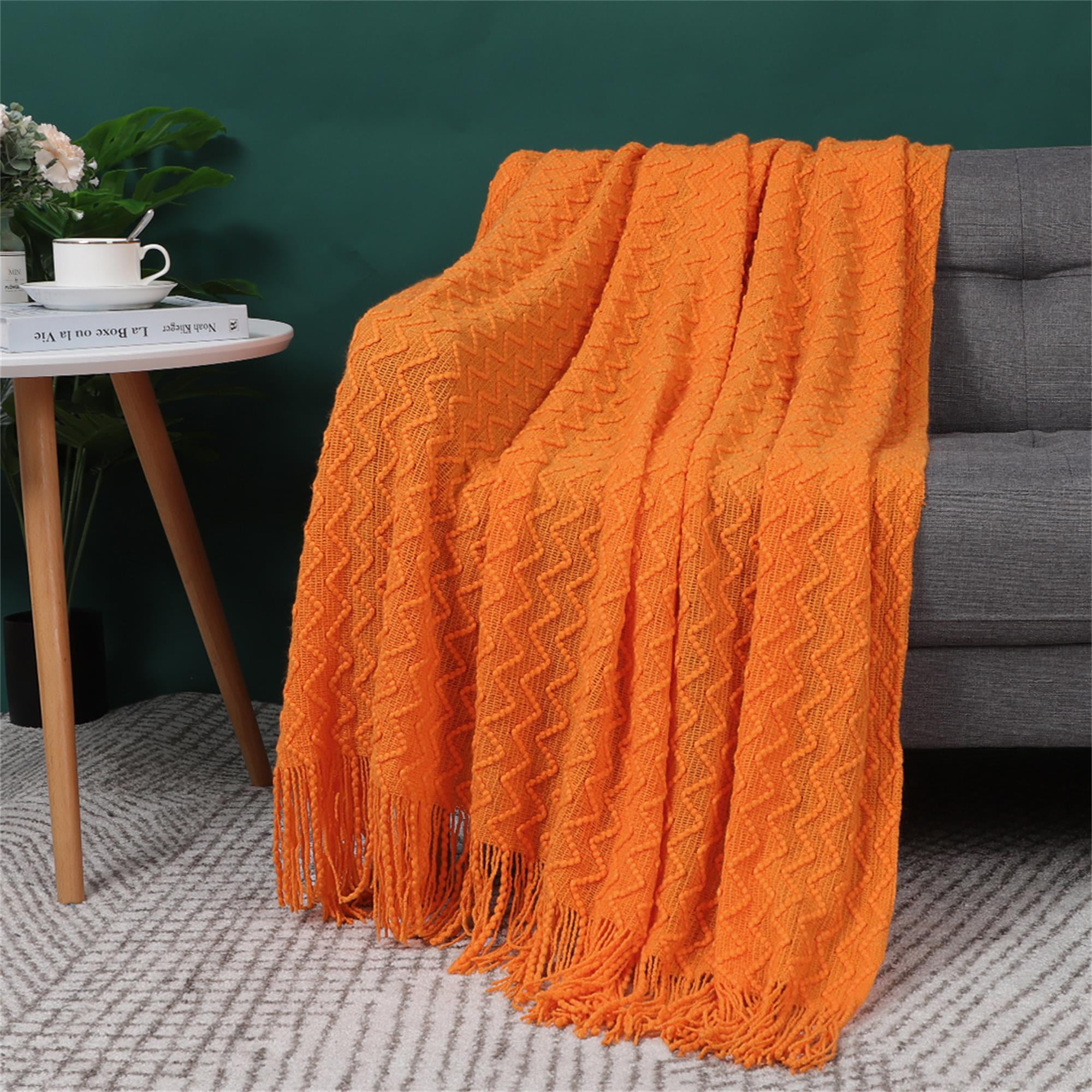 PiccoCasa 100% Acrylic Knit Throw Blanket Wave Pattern Soft Lightweight Decors Knitted Blanket with Tassels Fringe for Couch Sofa 50x60 Inch Ginger Bed Travel