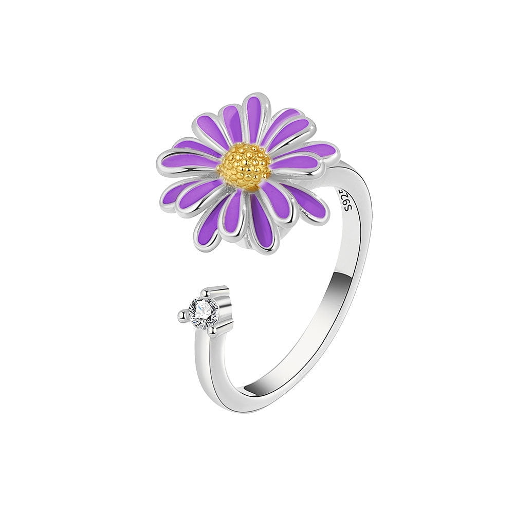 Womens Purple Enamel Flower Ring Fidget Spinner Copper Adjustable Fashion Jewelry For Anxiety Relief Calm Days