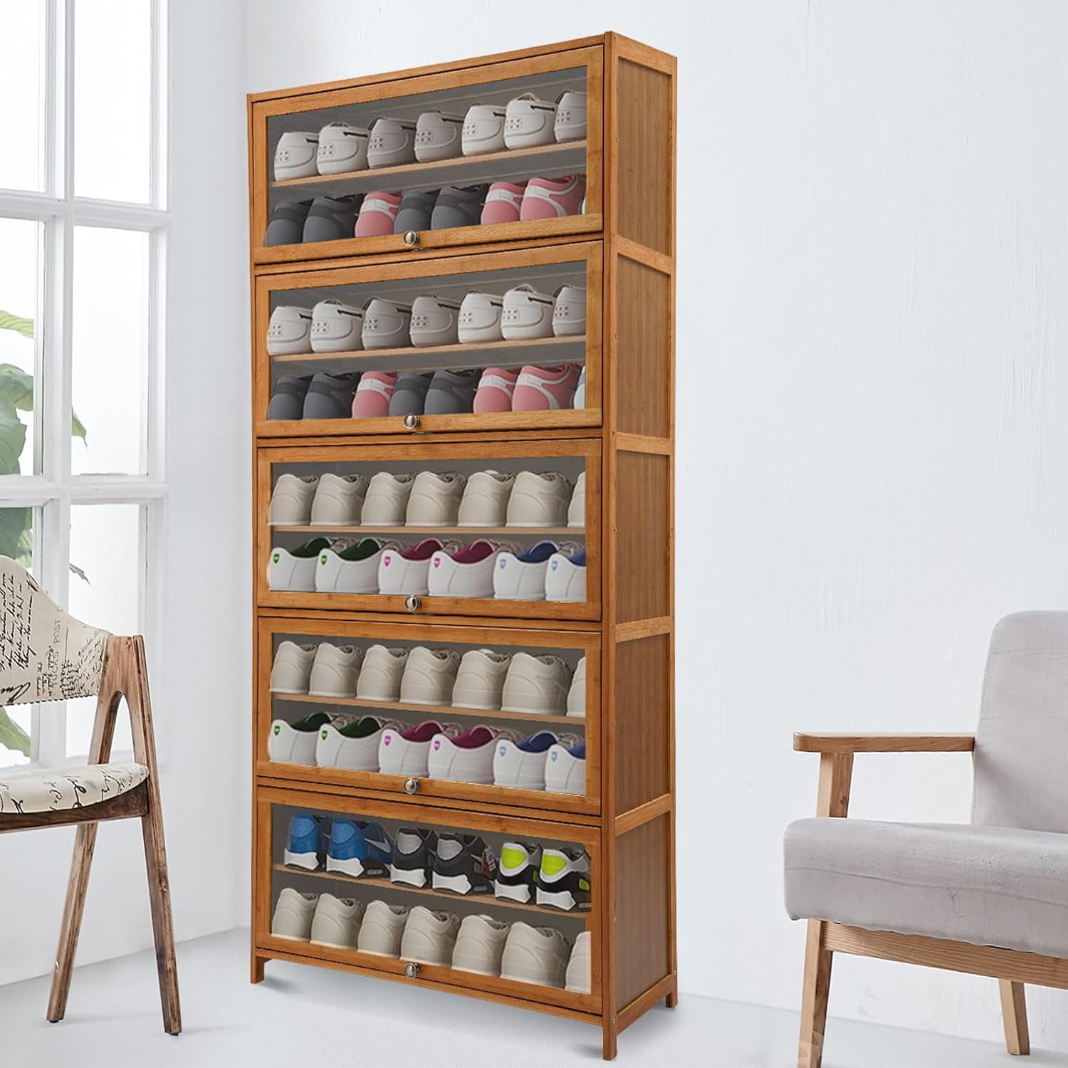 Narrow Shoes Shelf Cabinet - Shoe Storage Cabinet,Free Standing Shoes Shelf Organizer,11-Tier Tall Shoe Shelf,Shoe Rack Organizer,Shoe Cabinet with Doors,for Foyer,Living Room,Corridor