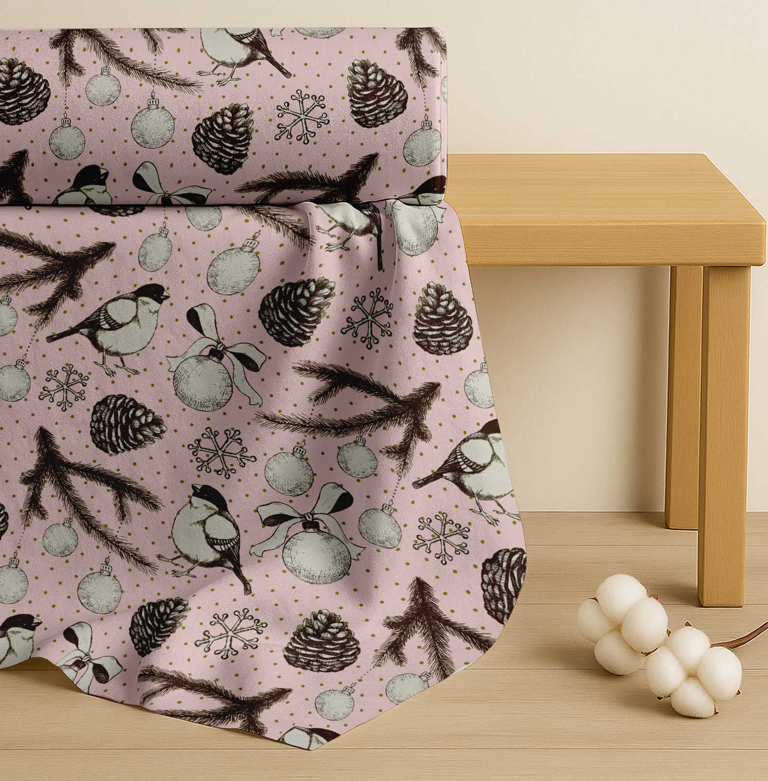 Soimoi Pink Cotton Cambric Fabric American Robin & Baubles Christmas Print Fabric by The Yard 56 Inch Wide