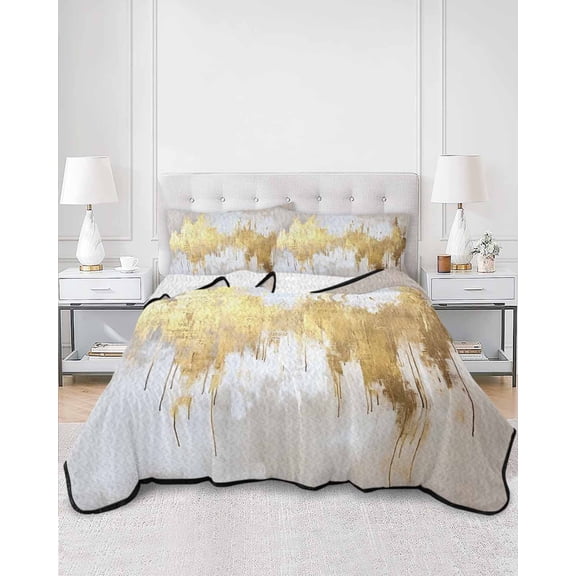 Quilts Queen Size, Gold Grey Soft Comforter Bedding Set for Bed, Abstract Contemporary Square Graffiti Smear Art Lightweight Quilted Bedspread with Pillow Cover(2 Pieces) for All Season, 90x96 Inch