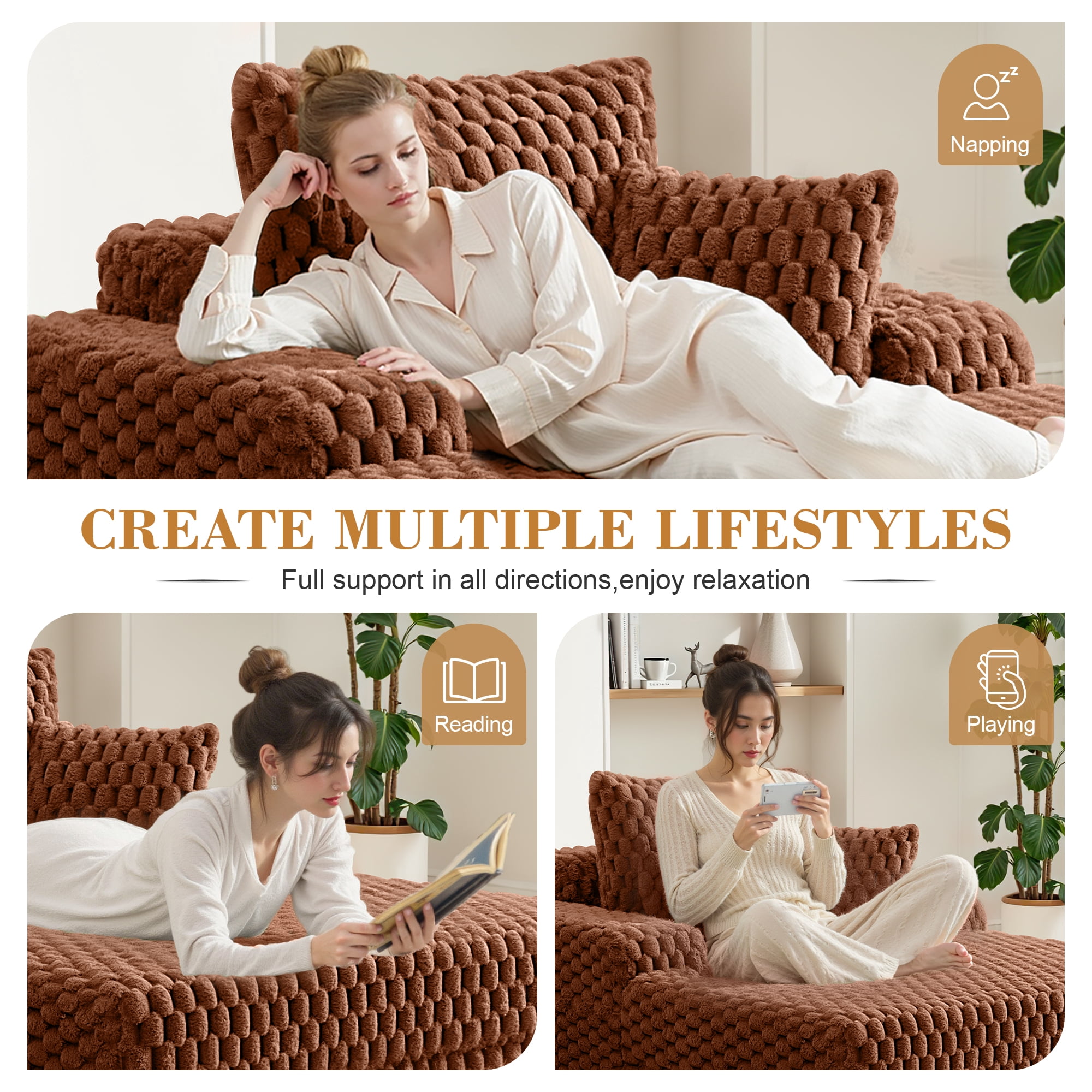 COOLHUT 46.7" W Oversized Floor Chaise Lounge Chair Sofa with Cup Holders, Cloud Plush Floor Sofa Bed Upholstered Deep Seat Sleeper Reading Chair Couch for Living Room, No Assembly, Pumpkin Brown