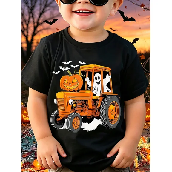 Childrens Wear Halloween Tractor Ghost Pumpkin Graphic T Shirt For Kids Funny Cute Holiday Gift Unisex Short Sleeve Cotton Tee
